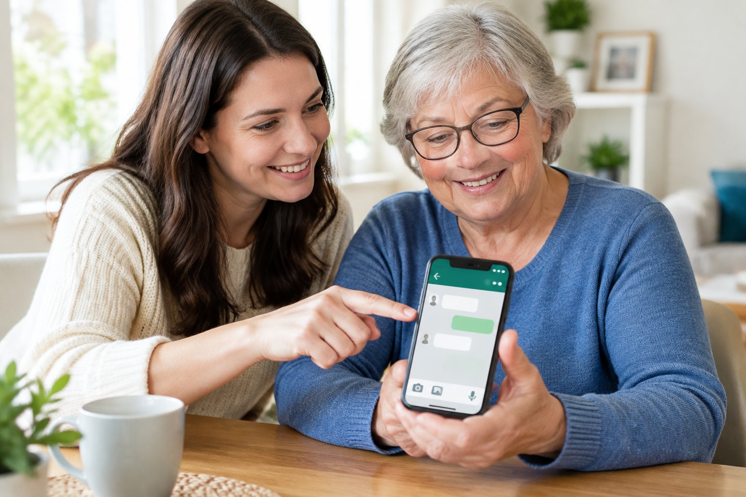 Eine ältere Person nutzt ein Smartphone, während eine jüngere Person unterstützend daneben sitzt.