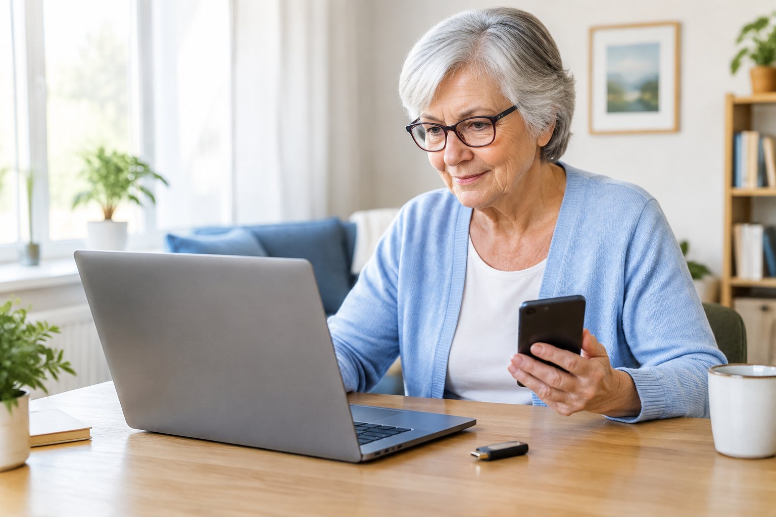 Eine ältere Person nutzt einen Laptop und ein Smartphone am Schreibtisch.