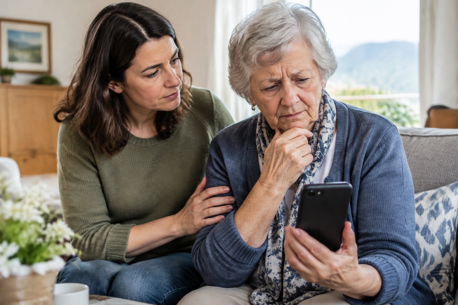 Eine ältere Frau betrachtet besorgt ihr Smartphone, während ein Angehöriger ihr zur Seite steht.
